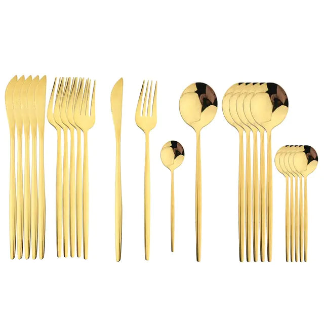 Cutlery set 24 piece stainless steel with gold accent, black white and rose handles