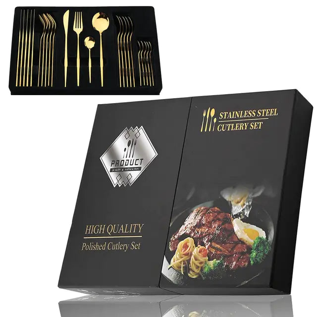 Cutlery set 24 piece stainless steel with gold accent, black white and rose handles