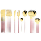Cutlery set 24 piece stainless steel with gold accent, black white and rose handles