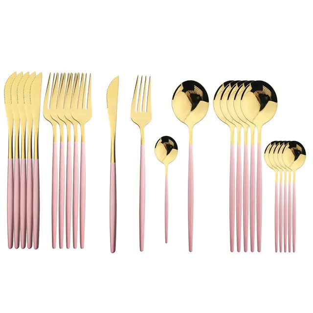 Cutlery set 24 piece stainless steel with gold accent, black white and rose handles
