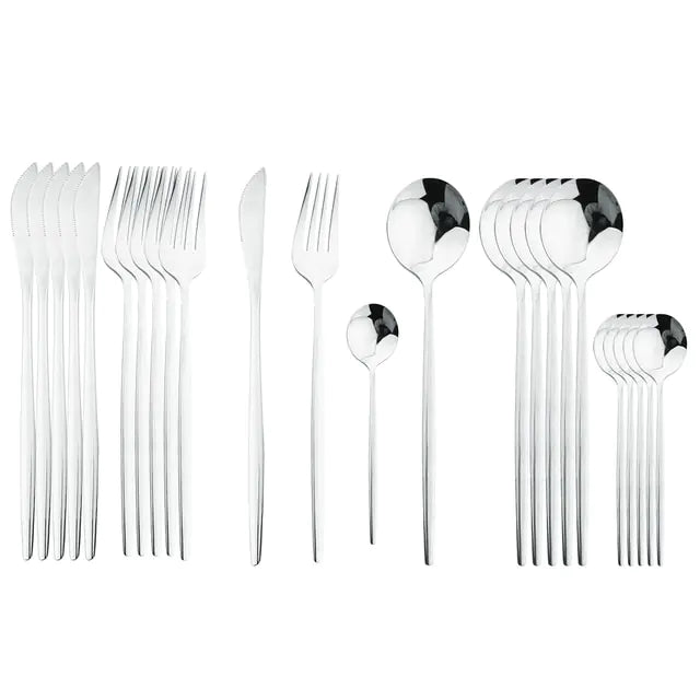 Cutlery set 24 piece stainless steel with gold accent, black white and rose handles