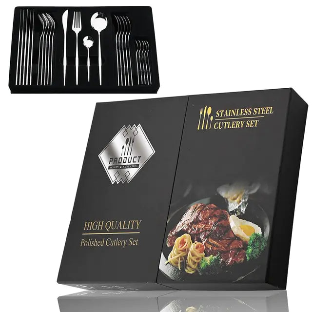 Cutlery set 24 piece stainless steel with gold accent, black white and rose handles