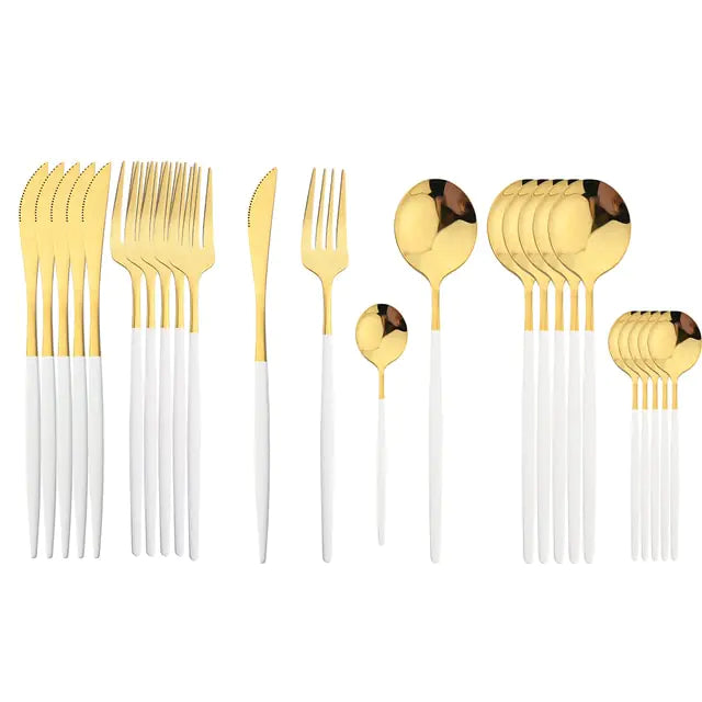 Cutlery set 24 piece stainless steel with gold accent, black white and rose handles