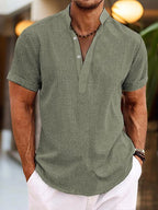 Men's linen shirt with Henley collar and short sleeves, breathable summer fit