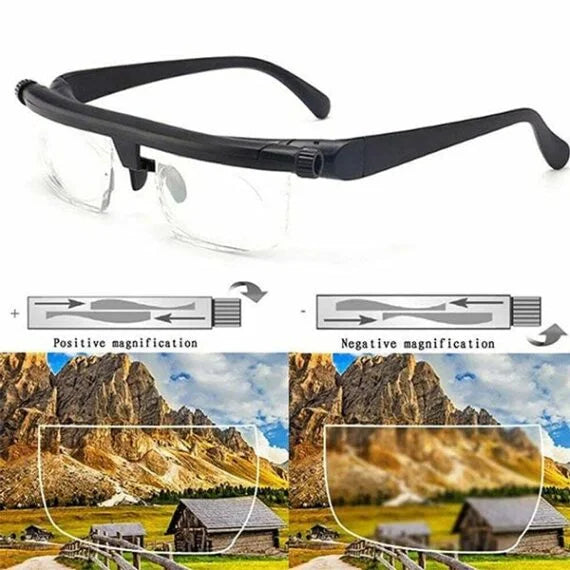 Adjustable focus glasses for near and far sight, no prescription needed, lightweight PC frame