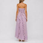 Women halter neck ruffle maxi dress with high low hem in flowing fabric