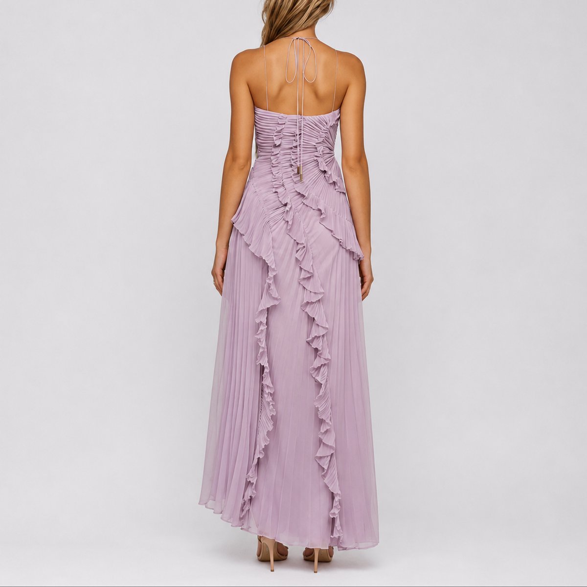 Women halter neck ruffle maxi dress with high low hem in flowing fabric