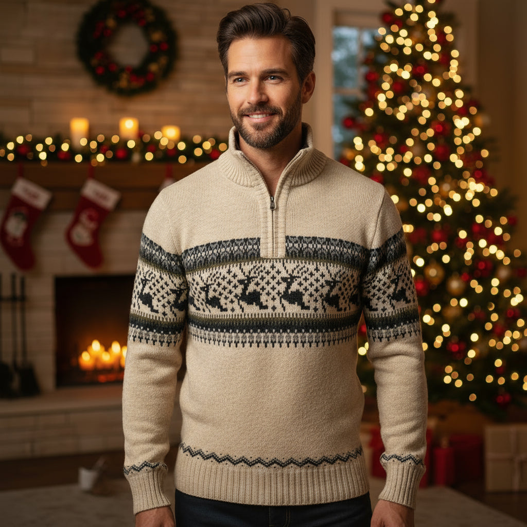 Mens Christmas Jumper Knitted Scandinavian Reindeer Pattern Winter Warm