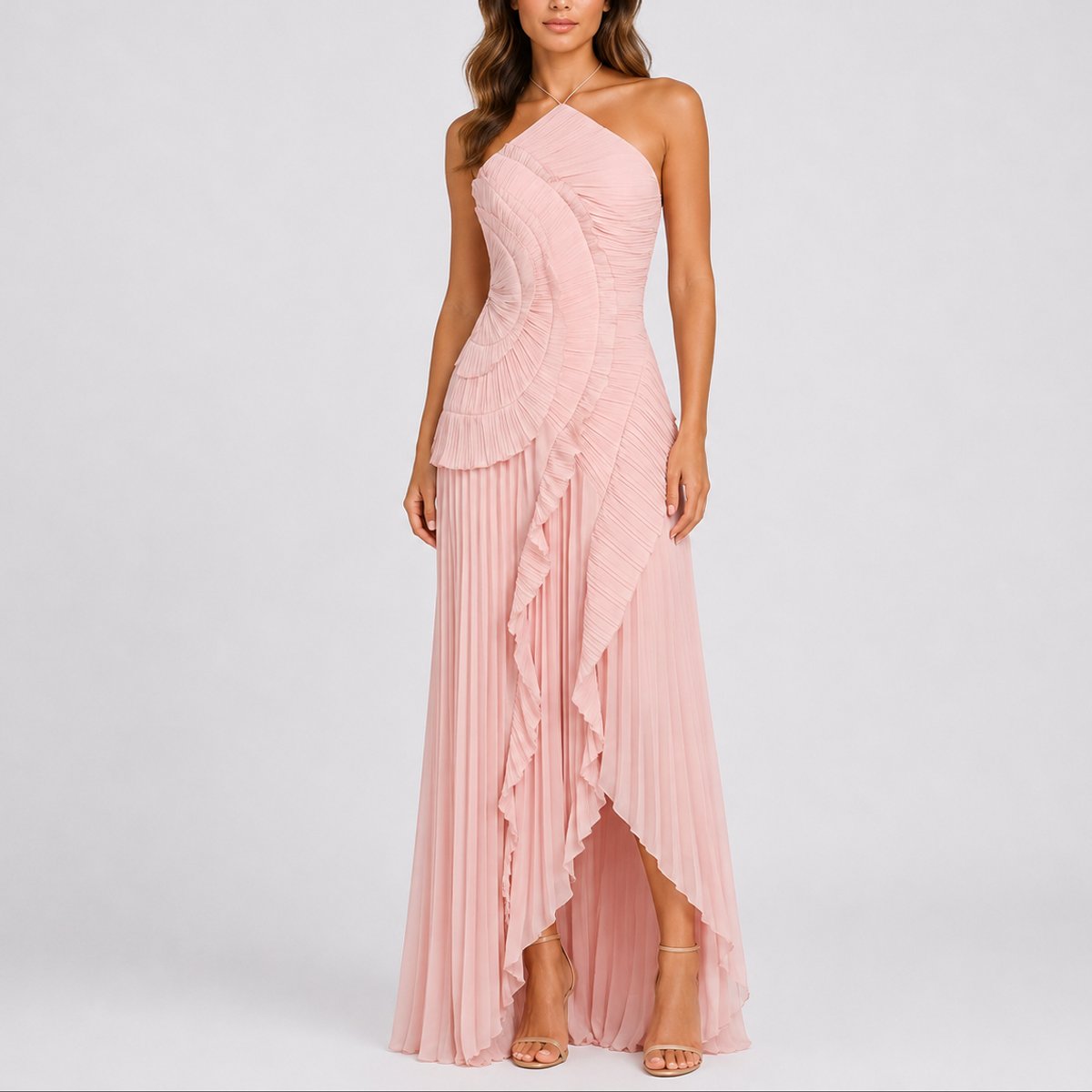 Women halter neck ruffle maxi dress with high low hem in flowing fabric