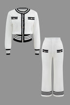 Women's knit two-piece set with cropped cardigan and wide-leg pants, black and white