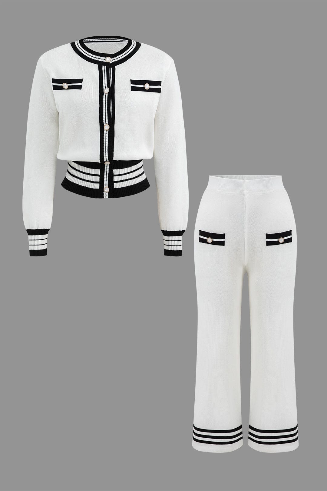 Women's knit two-piece set with cropped cardigan and wide-leg pants, black and white