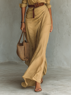 Women's maxi dress with lapel V-neck, belted waist and long sleeves in cotton tencel