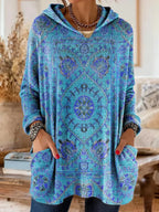Women cotton blend hoodie ethnic print tunic length relaxed fit