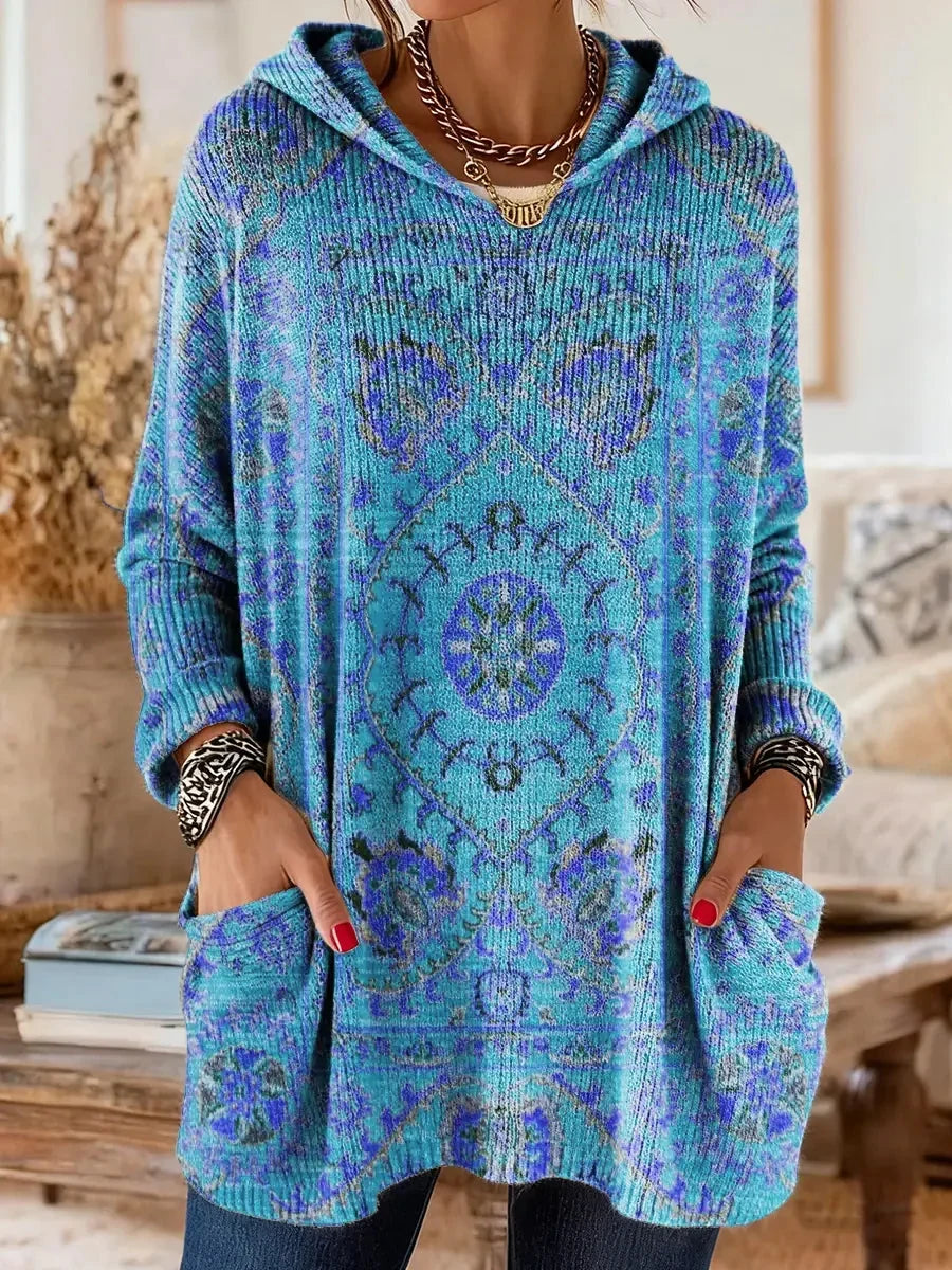 Women cotton blend hoodie ethnic print tunic length relaxed fit