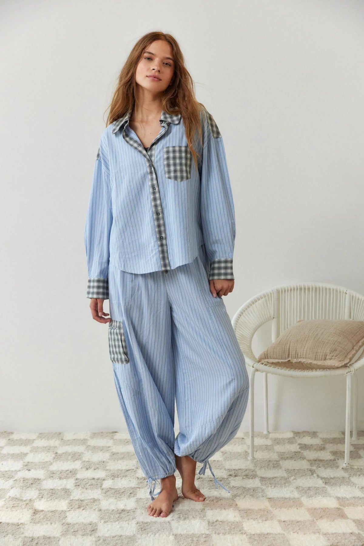 Women's two-piece soft cotton stretch pajama set in pink and blue, relaxed lounge fit