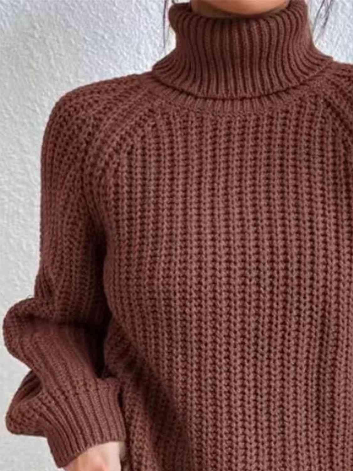 Women ribbed knit turtleneck sweater with side slit hem, autumn winter