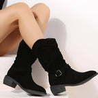 Women faux suede knee high boots slouchy block heel side zip