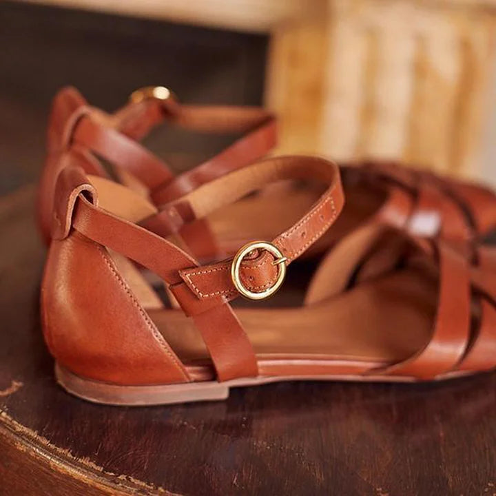 Women strappy flat sandals with adjustable ankle strap in red black and brown