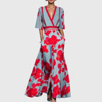 Women's spring floral dress with flared skirt and waist belt, available in red, white and green