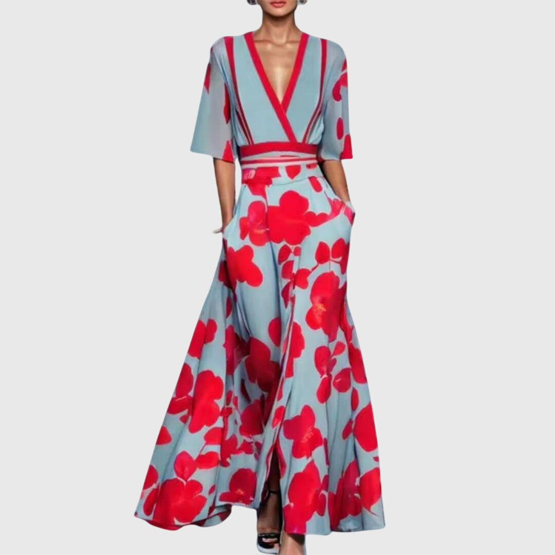 Women's spring floral dress with flared skirt and waist belt, available in red, white and green