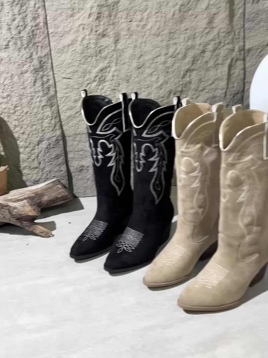 Women embroidered western cowboy boots wide calf block heel