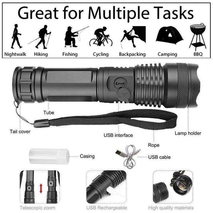 High-power XHP50 flashlight 90000 lumens, zoomable, USB rechargeable, waterproof