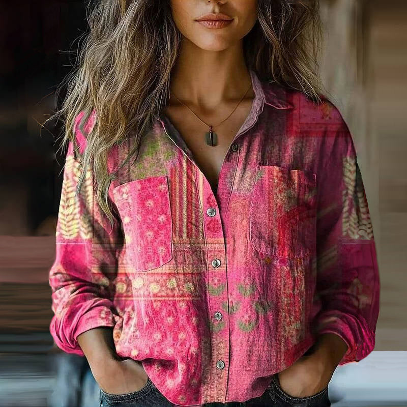 Women's cotton blouse with vintage print and long sleeves, relaxed fit summer shirt