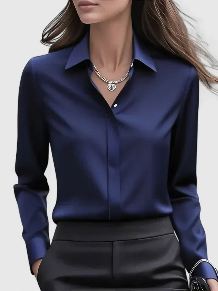 Women's satin button-up blouse, flowing silhouette, summer office style