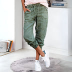 Women cargo pants relaxed fit with multi-pocket design and elastic ankle cuffs
