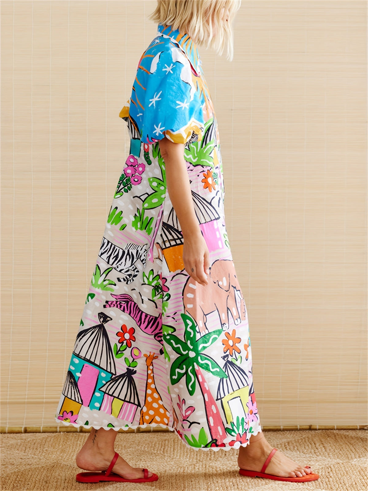 Women's midi dress tropical print, lapel neckline, adjustable waist tie, summer