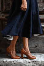 Women wide heel pumps round toe with adjustable buckle strap in brown