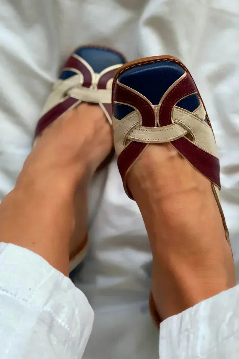 Women tri-color woven slip-on flats flat heel round toe