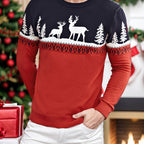 Christmas Sweater Men Reindeer Motif Knit Pullover Crew Neck
