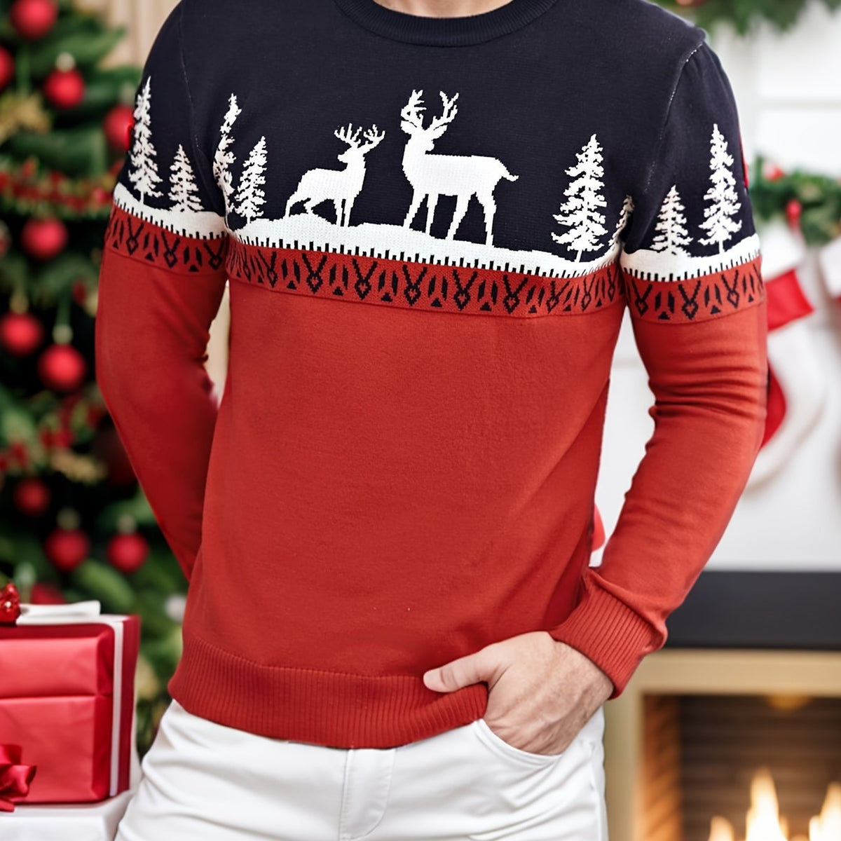 Christmas Sweater Men Reindeer Motif Knit Pullover Crew Neck