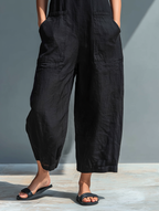 Women's linen jumpsuit sleeveless button-up stand collar loose fit