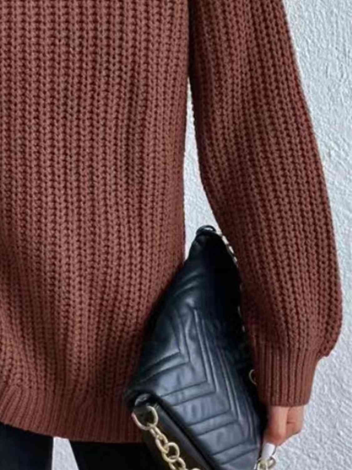 Women ribbed knit turtleneck sweater with side slit hem, autumn winter