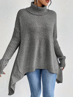 Women knit sweater high neck asymmetric hem relaxed fit