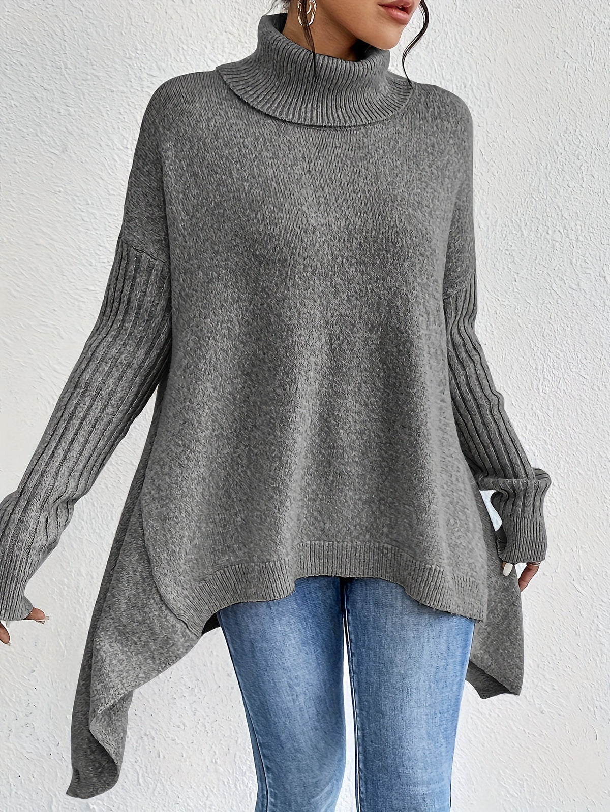Women knit sweater high neck asymmetric hem relaxed fit