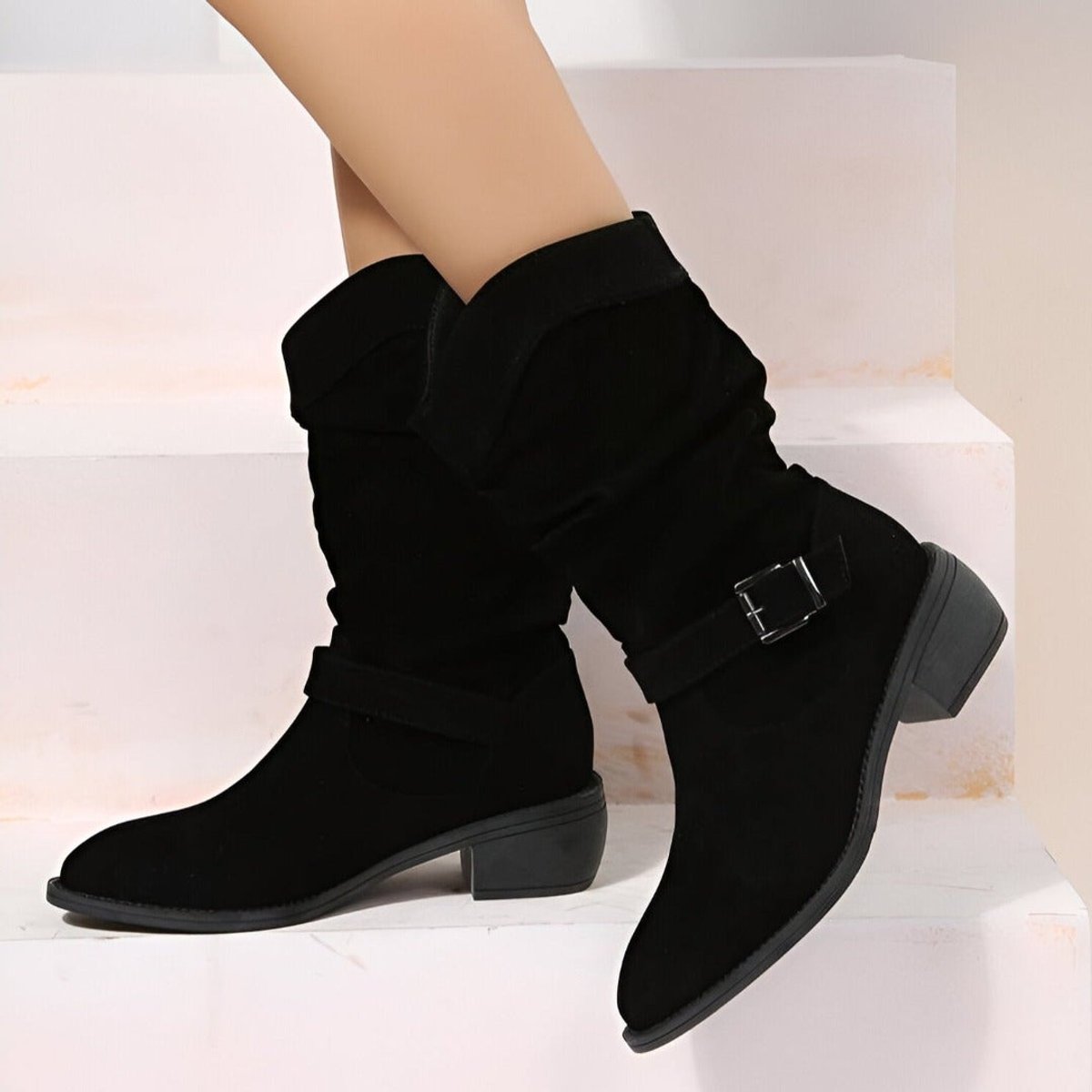 Women faux suede knee high boots slouchy block heel side zip