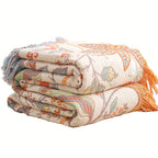 Bohemian cotton throw blanket with tassel fringe and floral jacquard pattern, cream white, 200x230cm