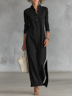 Women's maxi sweatshirt dress with button-down collar and white trim, minimalist relaxed fit