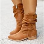 Women suede ankle boots low block heel slouch cuff side zip
