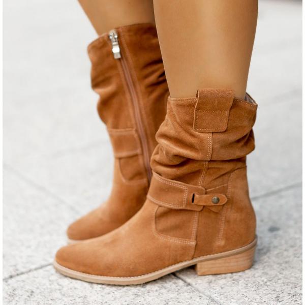 Women suede ankle boots low block heel slouch cuff side zip