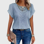 Women's openwork blouse short sleeve round neck loose fit, decorative perforated knit