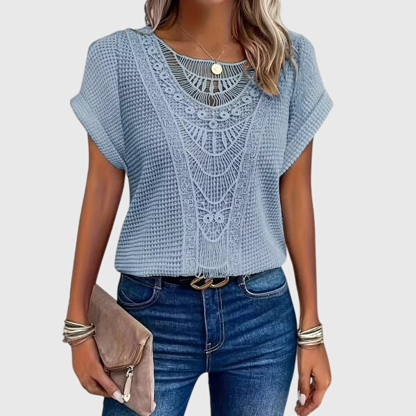 Women's openwork blouse short sleeve round neck loose fit, decorative perforated knit