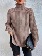 Women ribbed knit turtleneck sweater with side slit hem, autumn winter