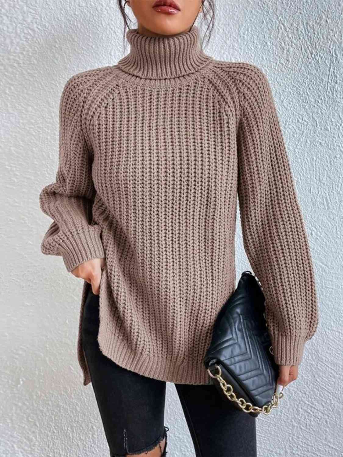 Women ribbed knit turtleneck sweater with side slit hem, autumn winter