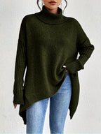 Women knit sweater high neck asymmetric hem relaxed fit