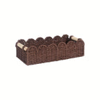 Boho woven storage basket with fan edge, natural fibre, rectangular, 35.5x16x10cm
