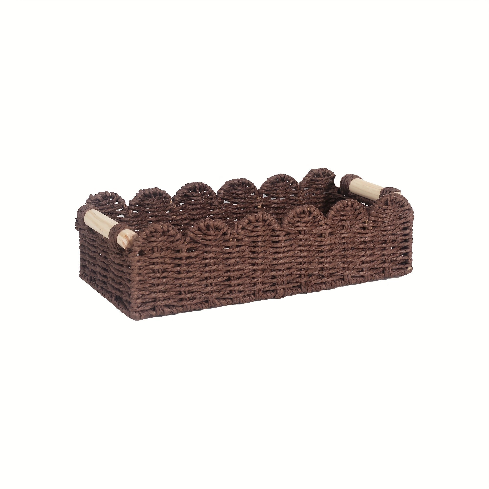 Boho woven storage basket with fan edge, natural fibre, rectangular, 35.5x16x10cm